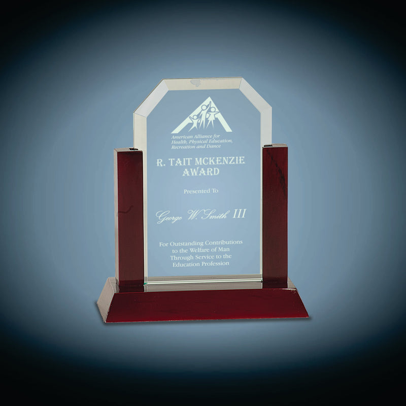 Jade Clip Corner Glass Award with Rosewood Finish Base