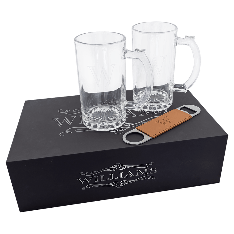 Beer Set with Two 14 oz. Mugs & Rawhide Bottle Opener