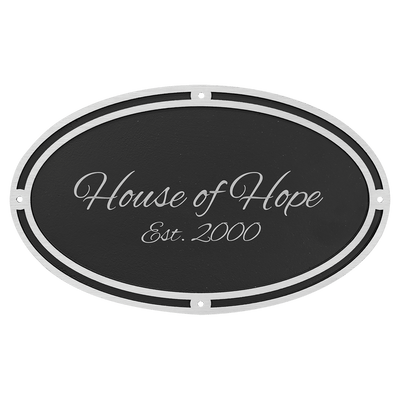 Silver/Black Oval Cast Aluminum Sign with 4 Mounting Screws