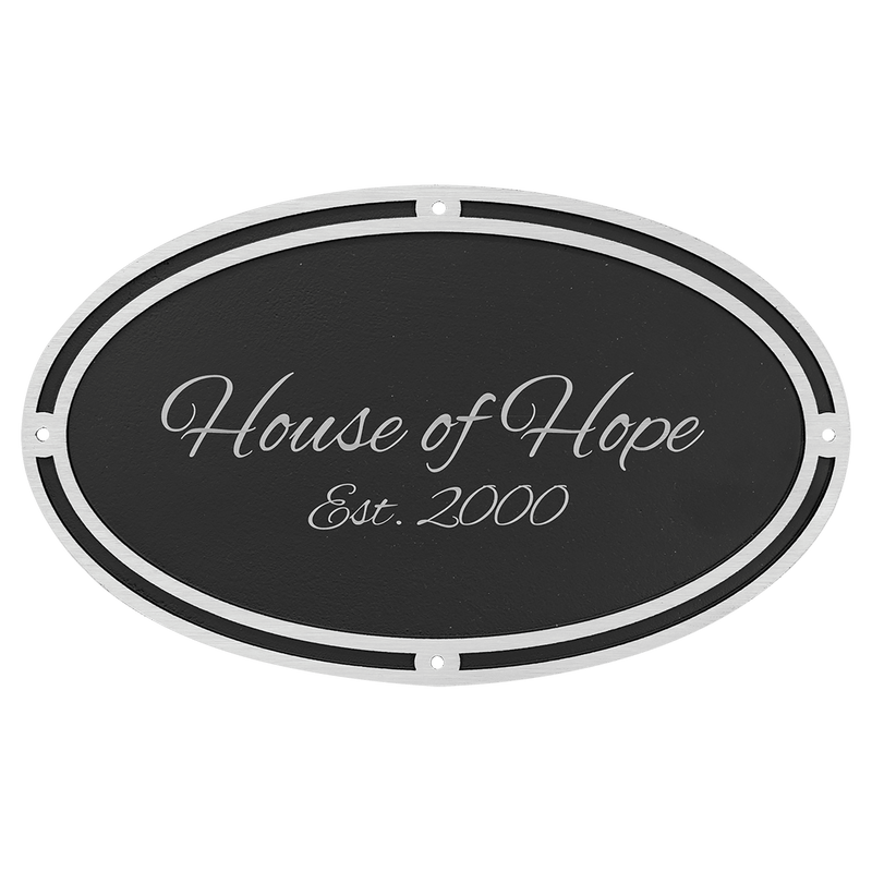 Silver/Black Oval Cast Aluminum Sign with 4 Mounting Screws