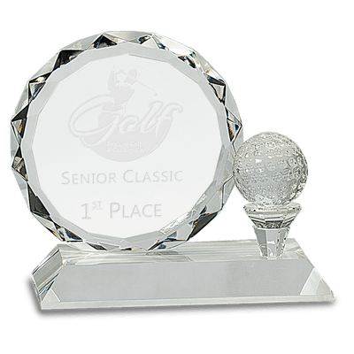 Round Facet Crystal Award with Golf Ball on Clear Pedestal Base