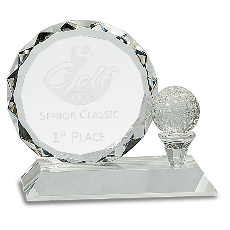 Round Facet Crystal Award with Golf Ball on Clear Pedestal Base
