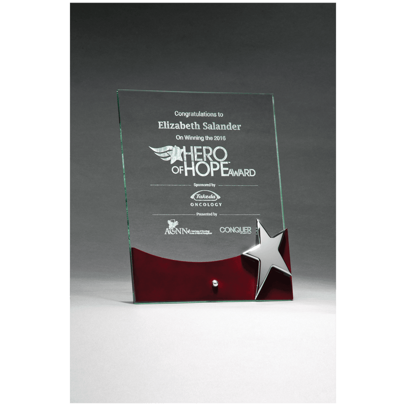 Freestanding Glass Award with High Gloss Rosewood Accent and Silver Star