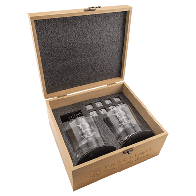 Red Alder Whiskey Set with Two 9 oz. Glasses, Two 4" Slate Coasters, and Eight Granite Whiskey Stones with a Black Velvet Bag