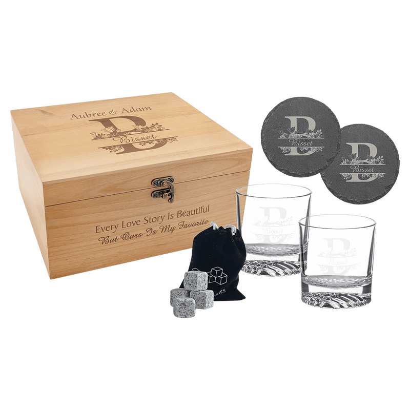 Red Alder Whiskey Set with Two 9 oz. Glasses, Two 4" Slate Coasters, and Eight Granite Whiskey Stones with a Black Velvet Bag