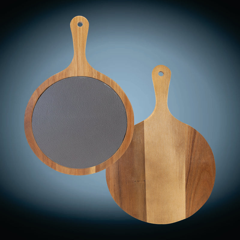 Round Acacia Wood/Slate Serving Board with Handle