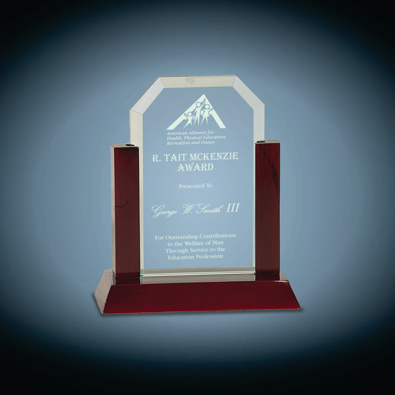 Jade Clip Corner Glass Award with Rosewood Finish Base