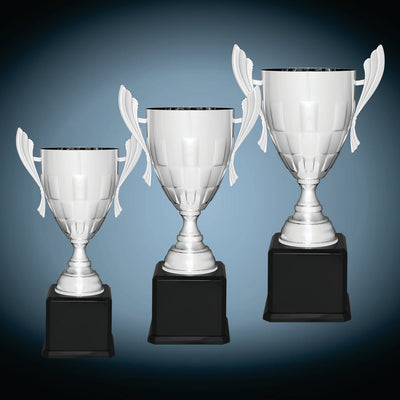 Silver Completed Metal Cup Trophy on Black Royal Piano Finish Base