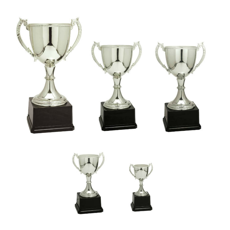 Silver Completed Zinc Cup Trophy on Black Plastic Base