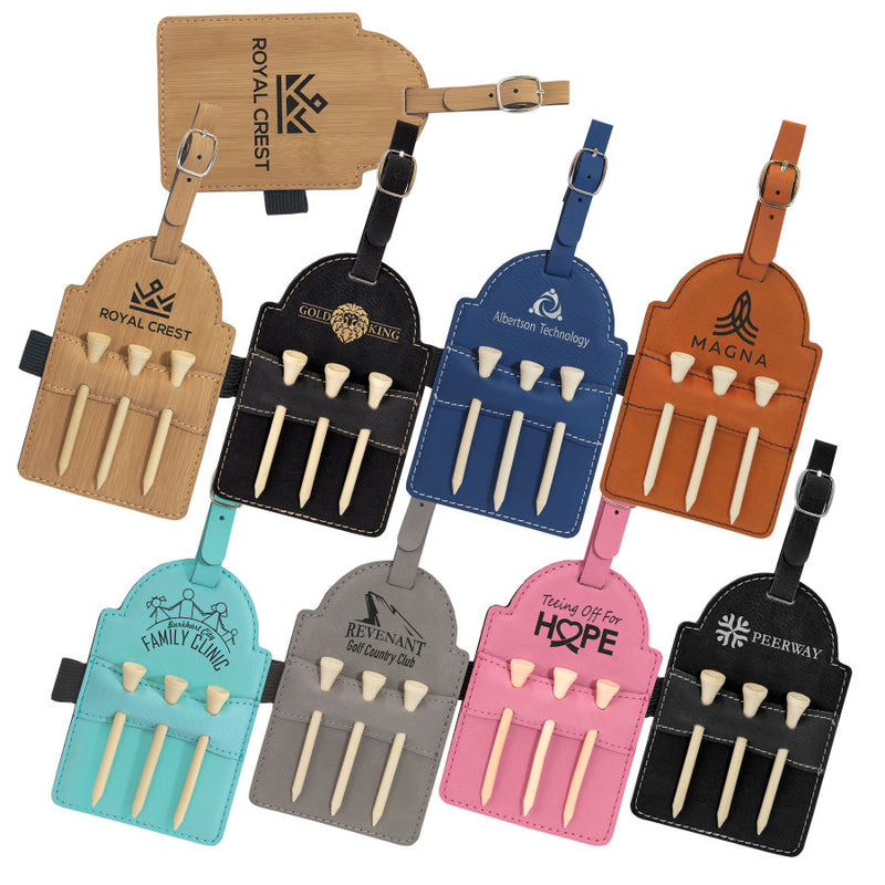 Leatherette Golf Bag Tag with 3 Wooden Tees